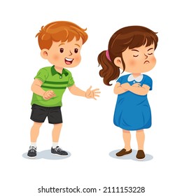 Little girl is angry and dissatisfied with a boy begging for forgiveness alongside her. Vector illustration