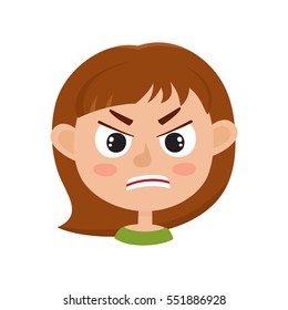 Little girl with angry face expression, cartoon vector illustrations isolated on white background. Kid emotion face icon, facial expressions.