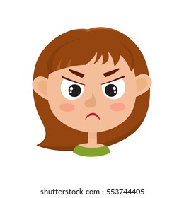 Little girl angry face expression, cartoon vector illustrations isolated on white background. Kid emotion face icons, facial expressions.