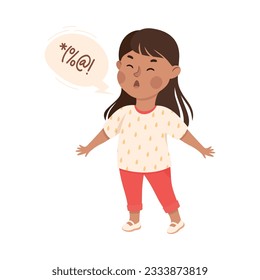 Little Girl with Angry Grimace Scolding with Swear Words Vector Illustration