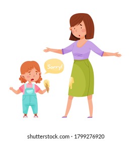 Little Girl Apologizing for Staining Skirt of Young Woman Vector Illustration