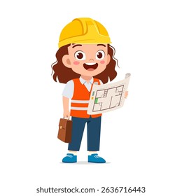 little girl architect holding blueprint and briefcase wearing yellow helmet