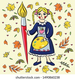 Little girl artist with brush and palette.Hand drawn vector doodle 