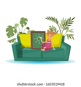 Little girl artist cartoon character draws with chalk on board vector illustration. Cute girl sits on sofa with pillows and home plants and drawing pictures isolated on white.