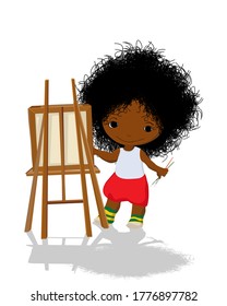 Little girl artist with easel and brushes, vector isolated over white