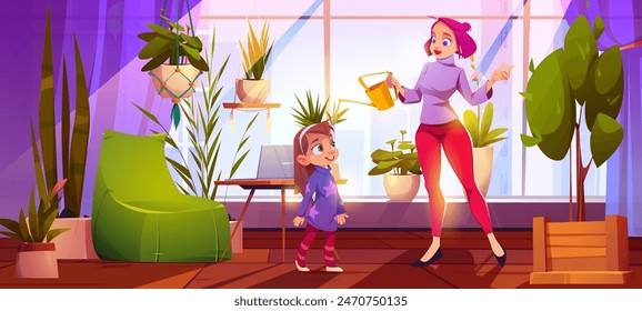 Little girl ask mother question while she is watering flowers in room. Cartoon green home garden interior with plants in pot, large window with sun light, armchair and table. Mother and daughter talk.