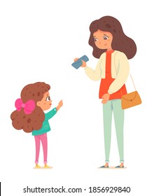 Little girl asking mother for money. Parent with child vector illustration. Mom standing with purse and bag, daughter asks and points at wallet with money on white background.