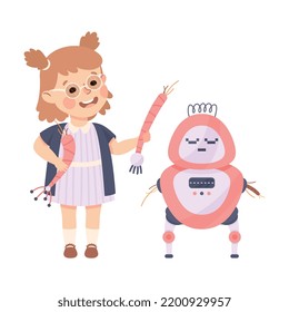 Little Girl Assembling Robot Engineering Smart Technology and Artificial Intelligence Vector Illustration