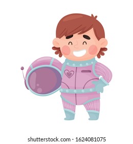 Little Girl Astronaut Wearing Spacesuit Exploring the Moon Vector Illustration