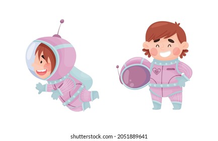 Little Girl Astronaut Wearing Spacesuit Exploring the Moon Vector Set