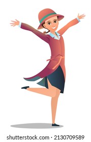 Little girl in an autumn cloak. Teen in warm clothes for rain. Cheerful person. Standing pose. Cartoon comic style flat design. Single character. Illustration isolated on white background. Vector.