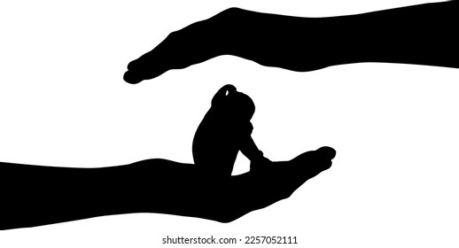 Niña pequeña llorando sentada en grandes manos. Silhouette vectorial. Concepto de acoso y protección social de los niños