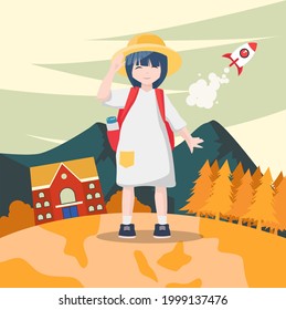 Little girl with a backpack excited to start school, with earth as a foothold and a school setting equipped with rockets ready for high achievers.