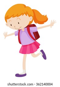 Little girl with backpack on her back illustration