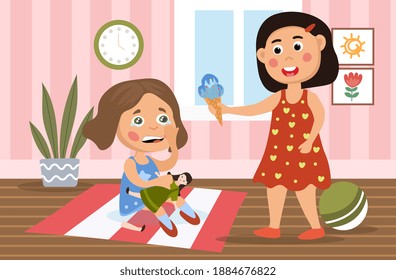 Little girl in a bad mood breaking her doll as her sister or mother tries to placate her by offering an ice cream, cartoon colored vector illustration