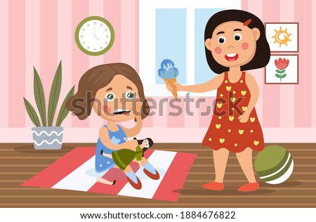 Little girl in a bad mood breaking her doll as her sister or mother tries to placate her by offering an ice cream, cartoon colored vector illustration Foto stock © 