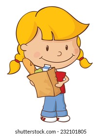 Little girl with a bag full of groceries.