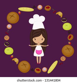 Little girl baker with bakery products around