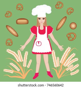 Little girl in a bakery cap - bakery products - cereal ears - art illustration of a vector