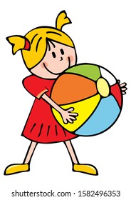 Little girl and ball, cute vector illustration. One preschool person with inflatable ball. Happy kid throws a ball.