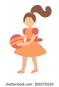 Little girl with a ball. Doll in a yellow dress in flat style on a white background. Vector clipart