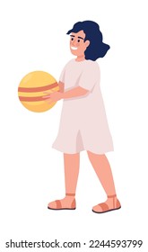 Little girl with ball semi flat color vector character. Editable figure. Full body person on white. Playing outdoor simple cartoon style illustration for web graphic design and animation