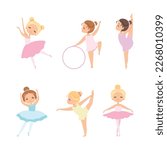 Little Girl Ballerina in Tutu Skirt and Pointe Shoes Dancing Ballet Vector Set