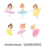 Little Girl Ballerina in Tutu Skirt and Pointe Shoes Dancing Ballet Vector Set