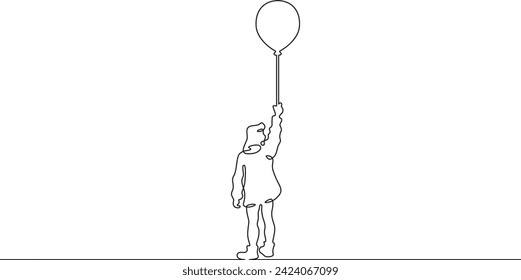 Little girl with a balloon in her hand. Girl in a dress. Child with a balloon. One continuous line . Line art. Minimal single line.White background. One line drawing.