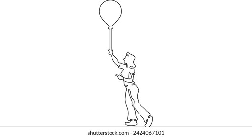 Little girl with a balloon in her hand. Girl in a dress. Child with a balloon. One continuous line . Line art. Minimal single line.White background. One line drawing.