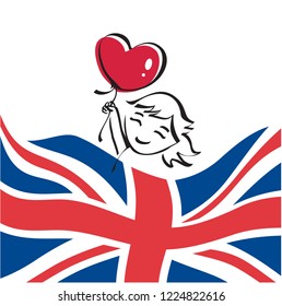 Little girl with balloon. United Kingdom flag and little girl.