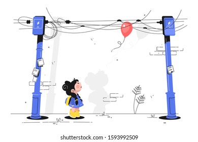 Little girl with balloon vector illustration. Cute child with schoolbag looking up with interest at air-balloon getting stuck in wires flat style concept