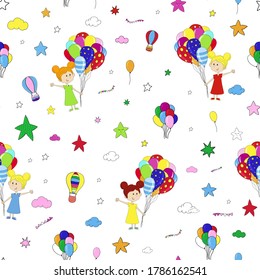 Little girl with balloons. Colorfull illustration for kids. Clouds, balloons, stars, sky and party elements.  Children's illustration for paper, wallpaper, textile.