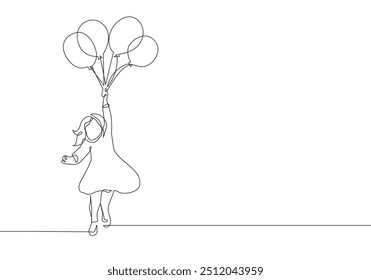 Little Girl with Balloons Continuous One Line Drawing. Child with Ballons Line Art Style Print. Happy Girl Black White Modern Artwork. Minimalist Abstract Design. Vector EPS 10.	