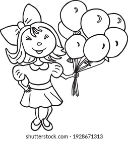Little girl with balloons in hand. Cute vector hand drawn doodle. Black isolated on white background. 