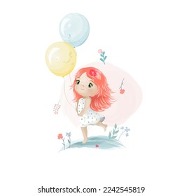Little girl with balloons. Isolate on a white background. Vector watercolor illustration.