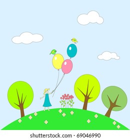 Little girl with balloons on grassy plot.