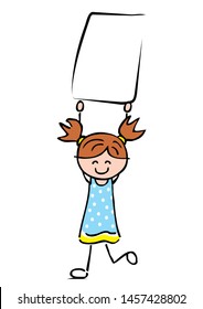 Little girl with banner. Creative funny illustration. Concept for marketing campaign. Vector icon, single object.