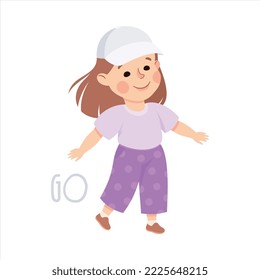 Little Girl in Baseball Cap Going Demonstrating Vocabulary and Verb Studying Vector Illustration