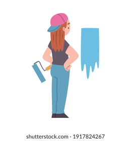 Little Girl in Baseball Cap Holding Paint Roller and Coloring Wall Vector Illustration