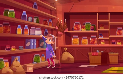 Little girl in basement storage room reach out to pick up glass jar of juice. Cartoon vector child in pantry room interior with wooden shelves, glass bottles, boxes and sacks with food and drinks.