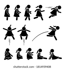 La acción básica de la niña posa iconos con figuras de palo. Imagen vectorial de una niña pequeña parada, caminando, corriendo, saltando y sentada en el suelo. 