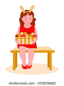 Little girl with a basket of Easter eggs are sitting on a bench. With rabbit ears. Egg hunt. Vector illustration in flat cartoon style. For posters, cards, invitations.