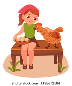  little girl with basket of eggs sitting on the bench and pets chicken. Cartoon vector illustration