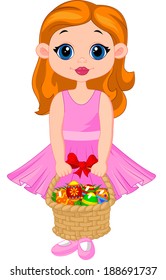 Little girl with basket full of colorful easter eggs
