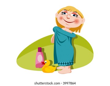 Little girl with bath towel. Vector.