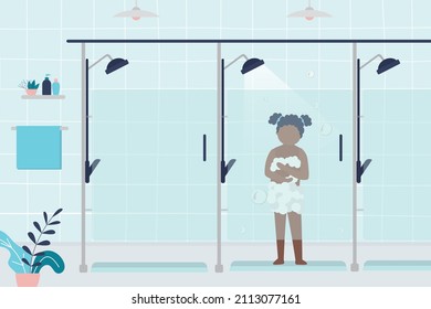 Little girl bathes after workout in public shower. Public bathroom interior design. Child soaping himself with gel in shower cabin. African american teenager washes after training. Vector illustration