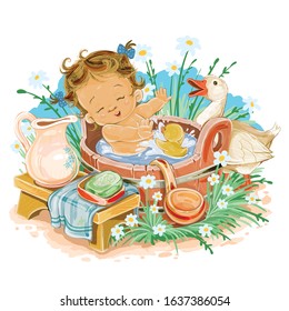 little girl bathes in a basin in the street among the flowers, a little duckling sits with her in the trough and sprinkles water on her, an adult duck stands next to her mother and watches them,