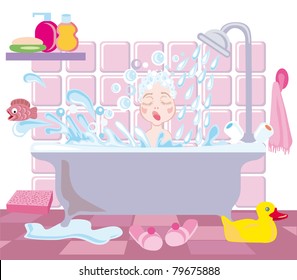 A little girl bathes under a shower