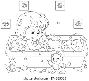 Little girl bathing with toys